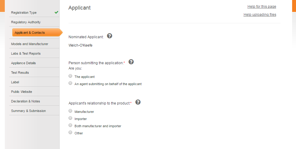 Screenshot of Applicant page