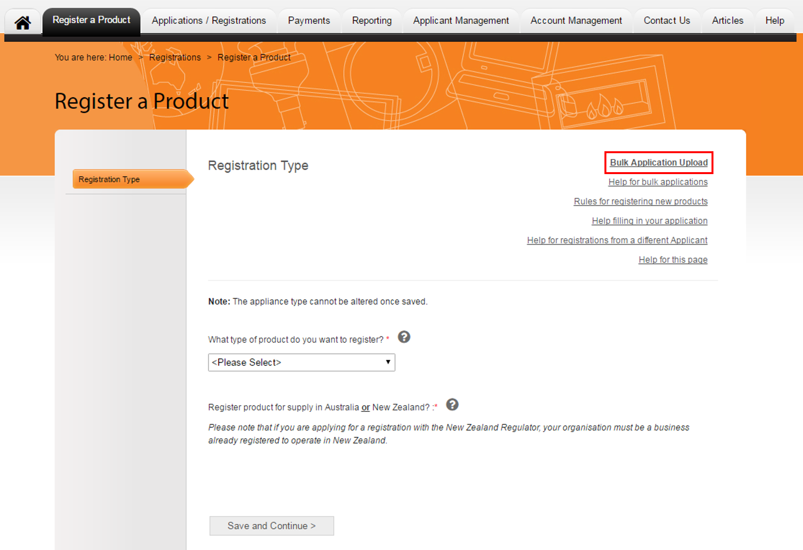 Screenshot of the "Registration Type" registration page with the "Bulk Application Upload" link highlighted