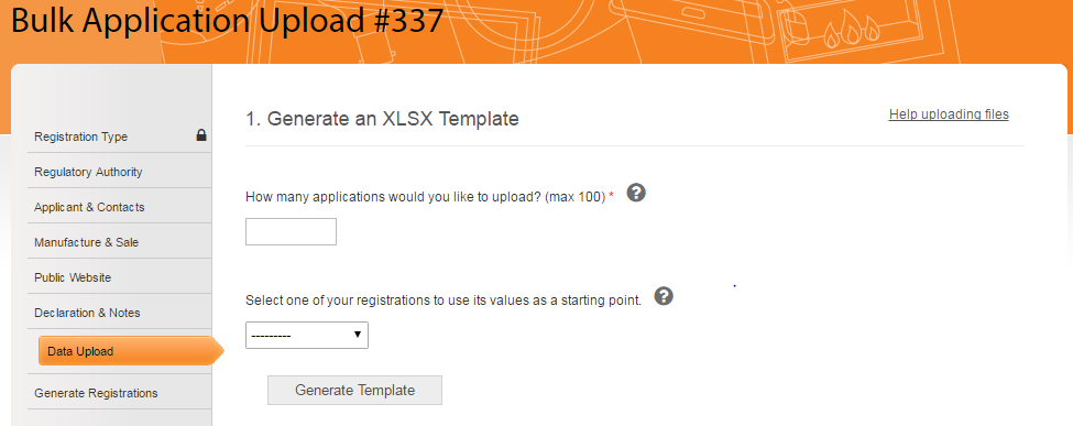 Screenshot of the "Generate an XLSX Template" section of the "Data Upload" registration page
