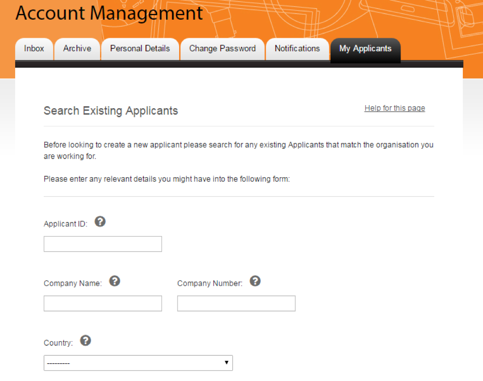 Screenshot of the Search Existing Applicants  page