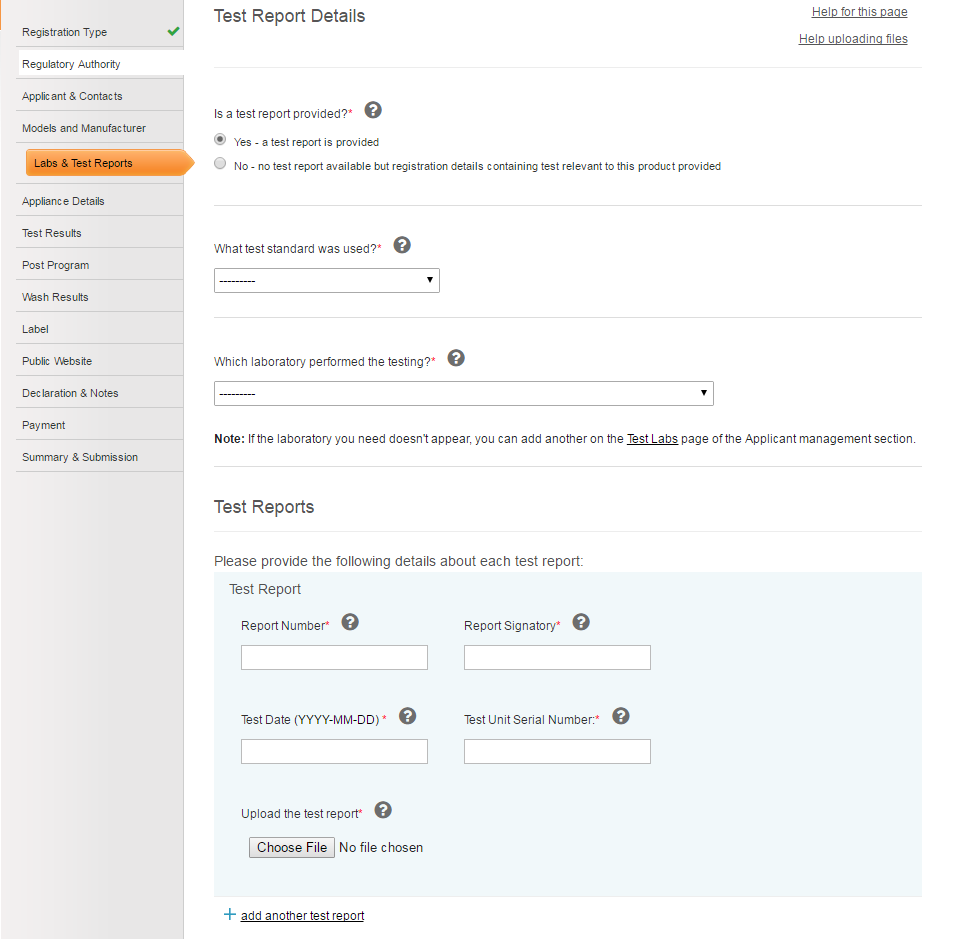 Screenshot of the test report details page as part of completing a product registration
