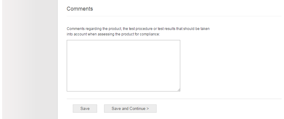 Screenshot of the comments section as part of completing a product registration