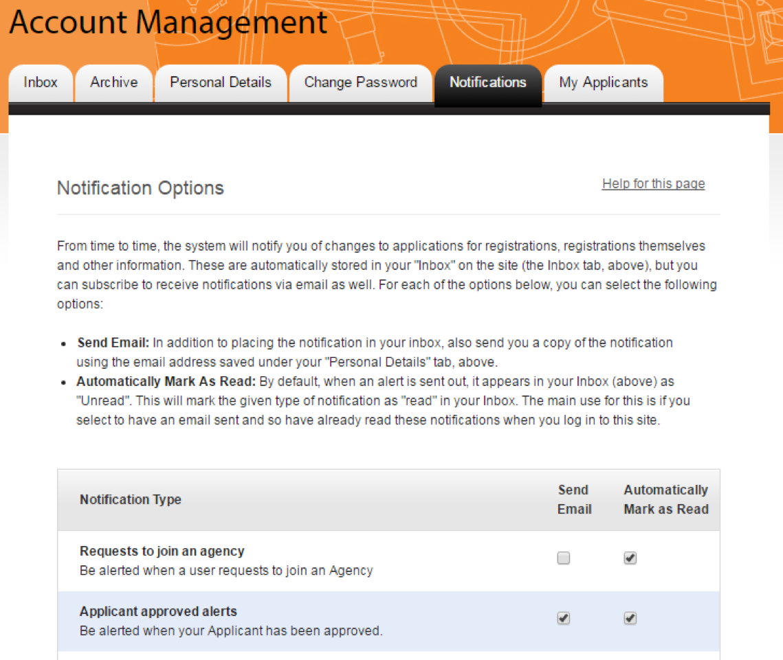 Screenshot of the notifications sub tab activated on the account management page