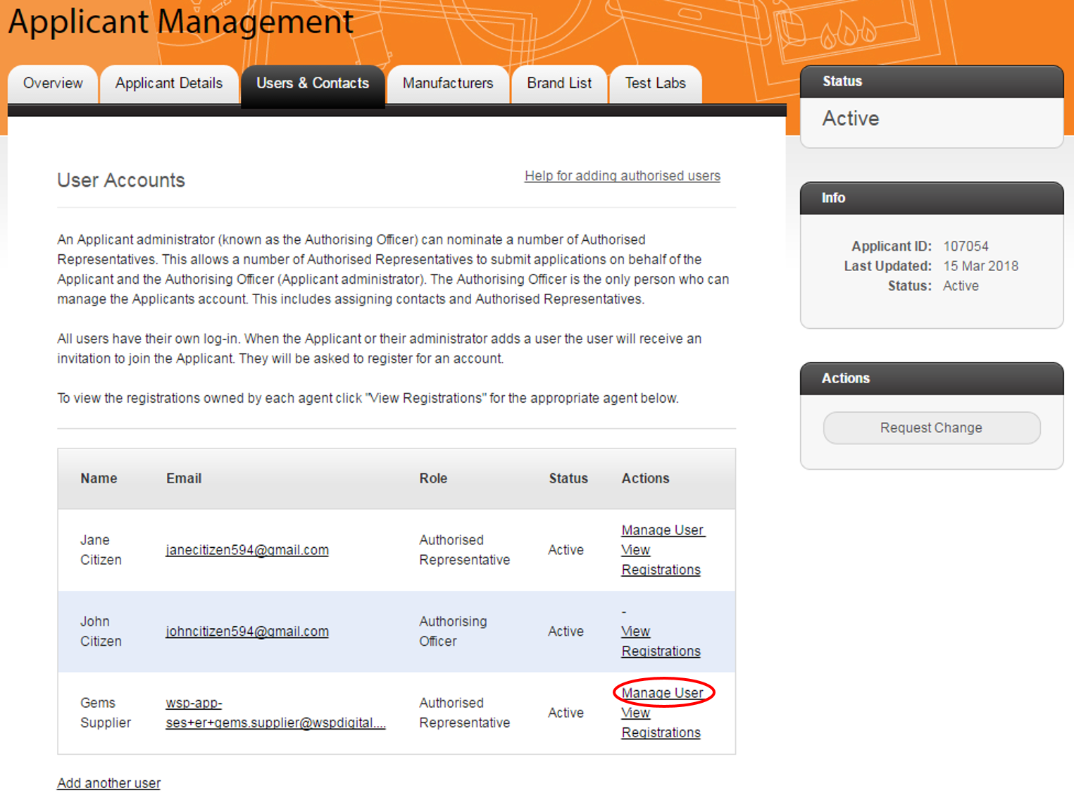 Screenshot of the "Invite User to join Applicant" page with one of the listed users' "Manage User" link highlighted