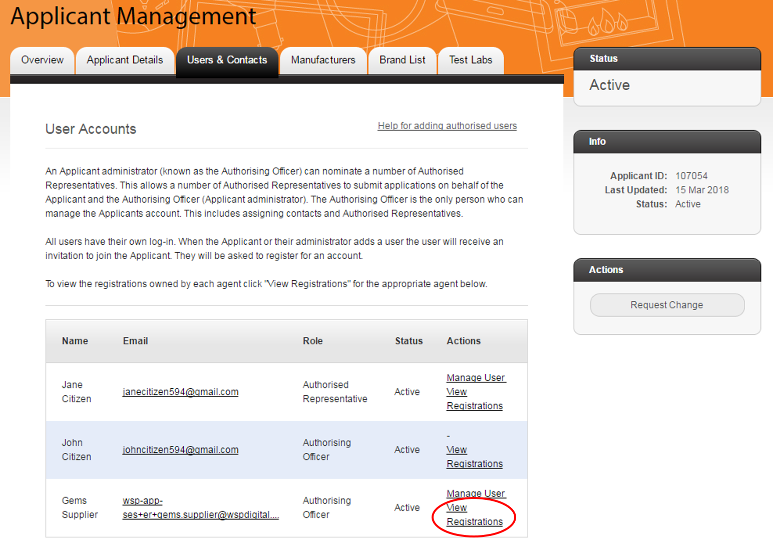 Screenshot of the "Users & Contacts" page with one of the listed users' "View Registrations" link highlighted