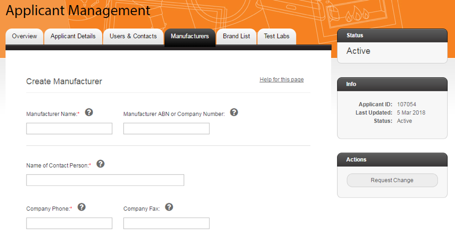 Screenshot of the create manufacturer page