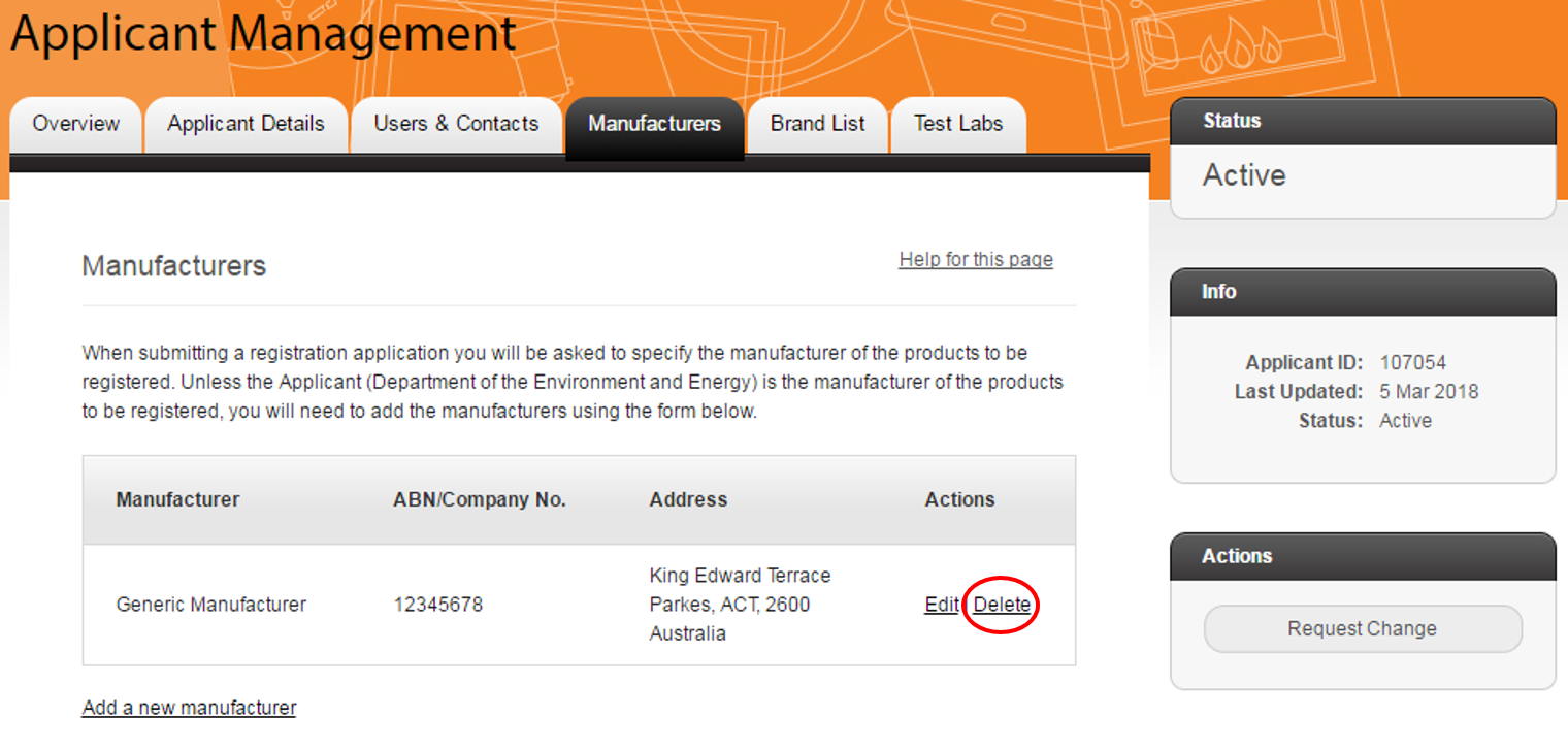 Screenshot of Figure 5: Manufacturers page – Delete a Manufacturer page