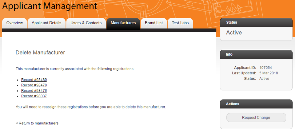 Screenshot of Figure 6: Delete Manufacturer – Linked registrations