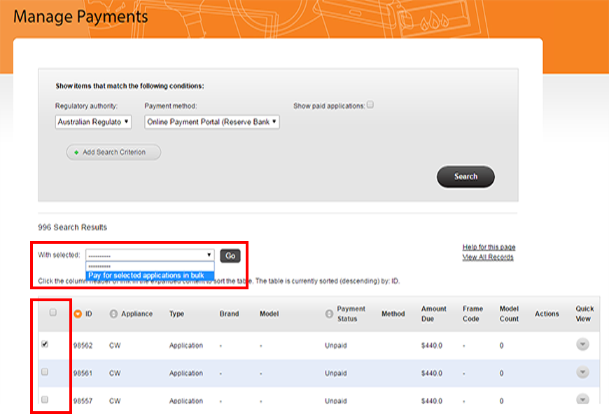 Screenshot of the Manage Payments page with applications selected and the "With selected" drop down box open