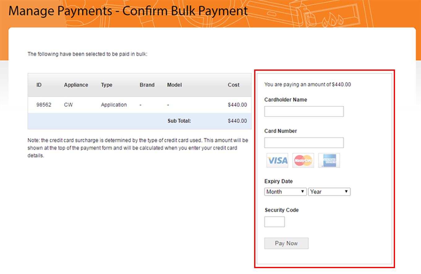 Screenshot of the Confirm Payment page after the credit card details section appears