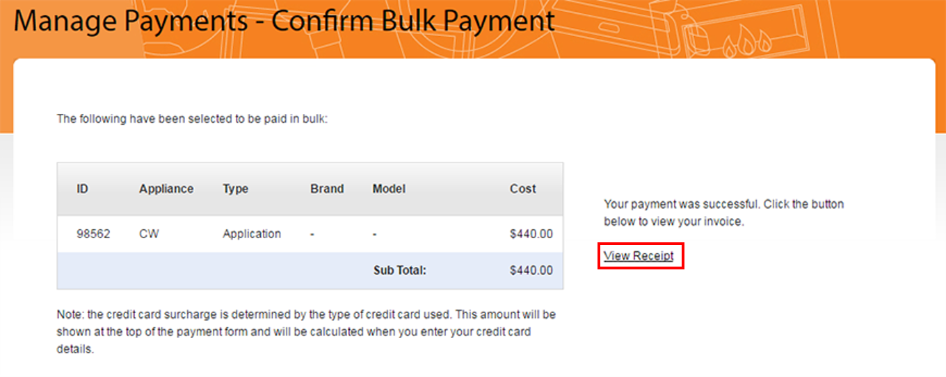 Screenshot of the Confirm Payment page after the payment confirmation appears with "View Receipt" button highlighted