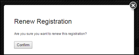 Screenshot of the Renew Registration pop-up screen for all products, except electric motors