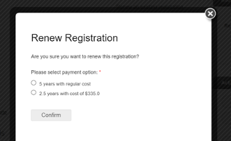 Screenshot of the Renew Registration pop-up screen for electric motors renewal applications