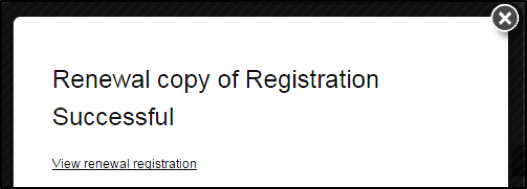 Screenshot of the Renewal copy of Registration Successful pop-up screen