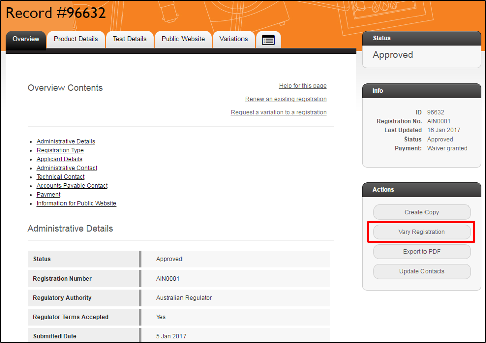 Screenshot of the Overview page of registration with Vary Registration link highlighted