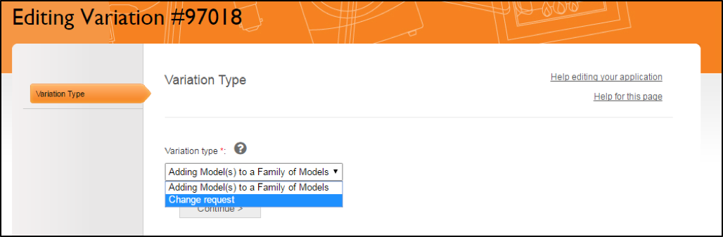 Screenshot of the Variation Type screen with 'Adding Models to a Family of Models’ selected