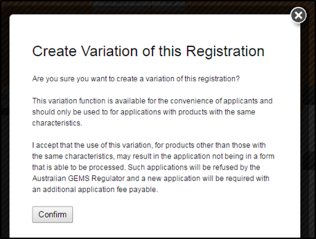 Screenshot of the Create Variation of this Registration pop-up screen