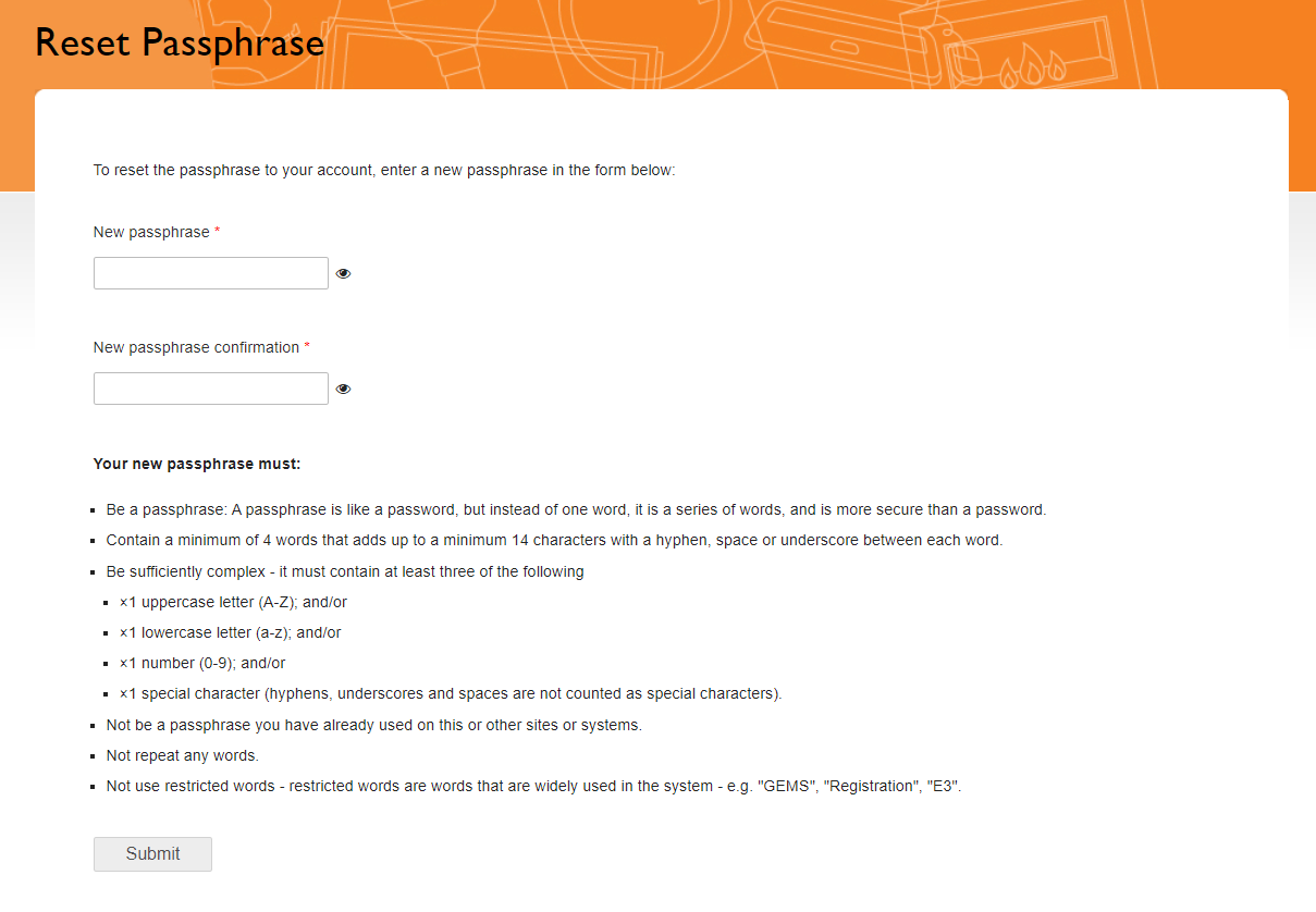 Screenshot of the reset passphrase form