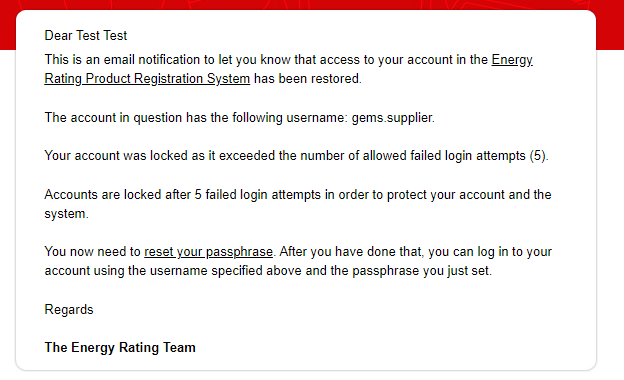 Screenshot of the email notification when account reactivated