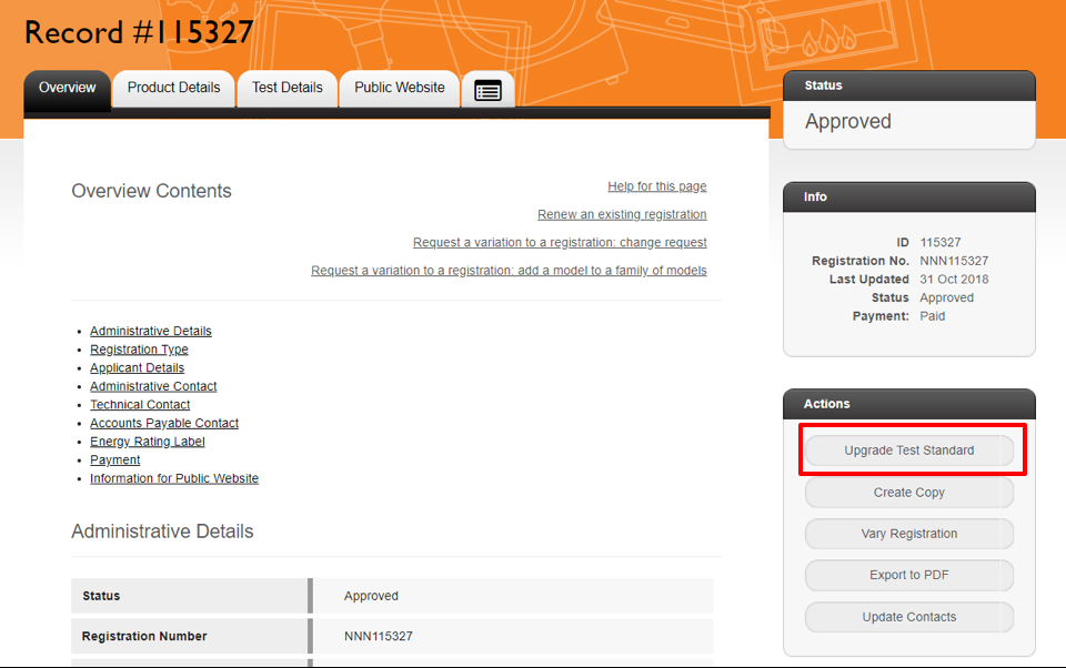 Screenshot of the "Existing registration" with the "Upgrade Test Standard" button highlighted