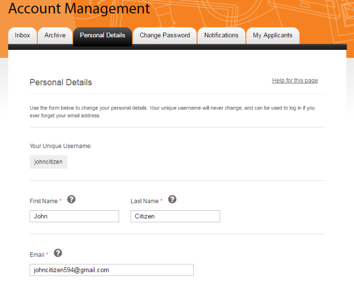 Screenshot of the personal details page under account management